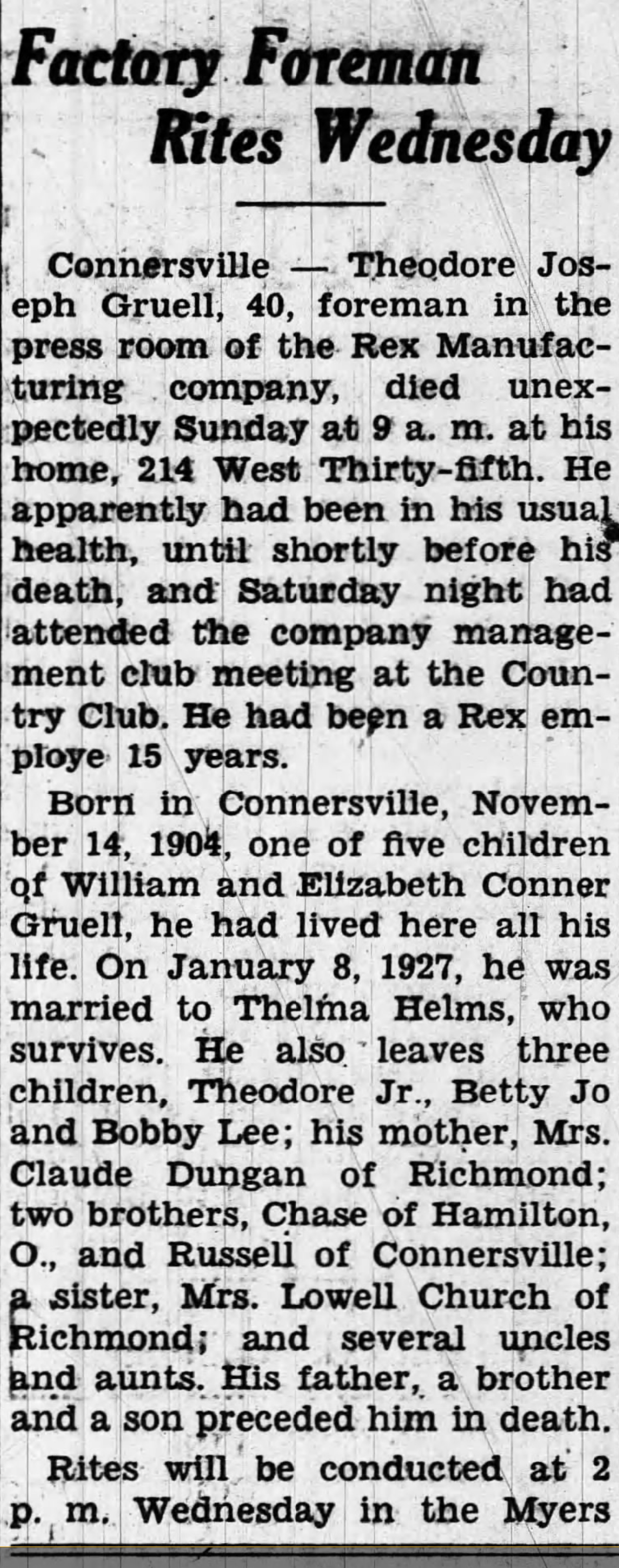Scanned newspaper clipping; column-format obituary