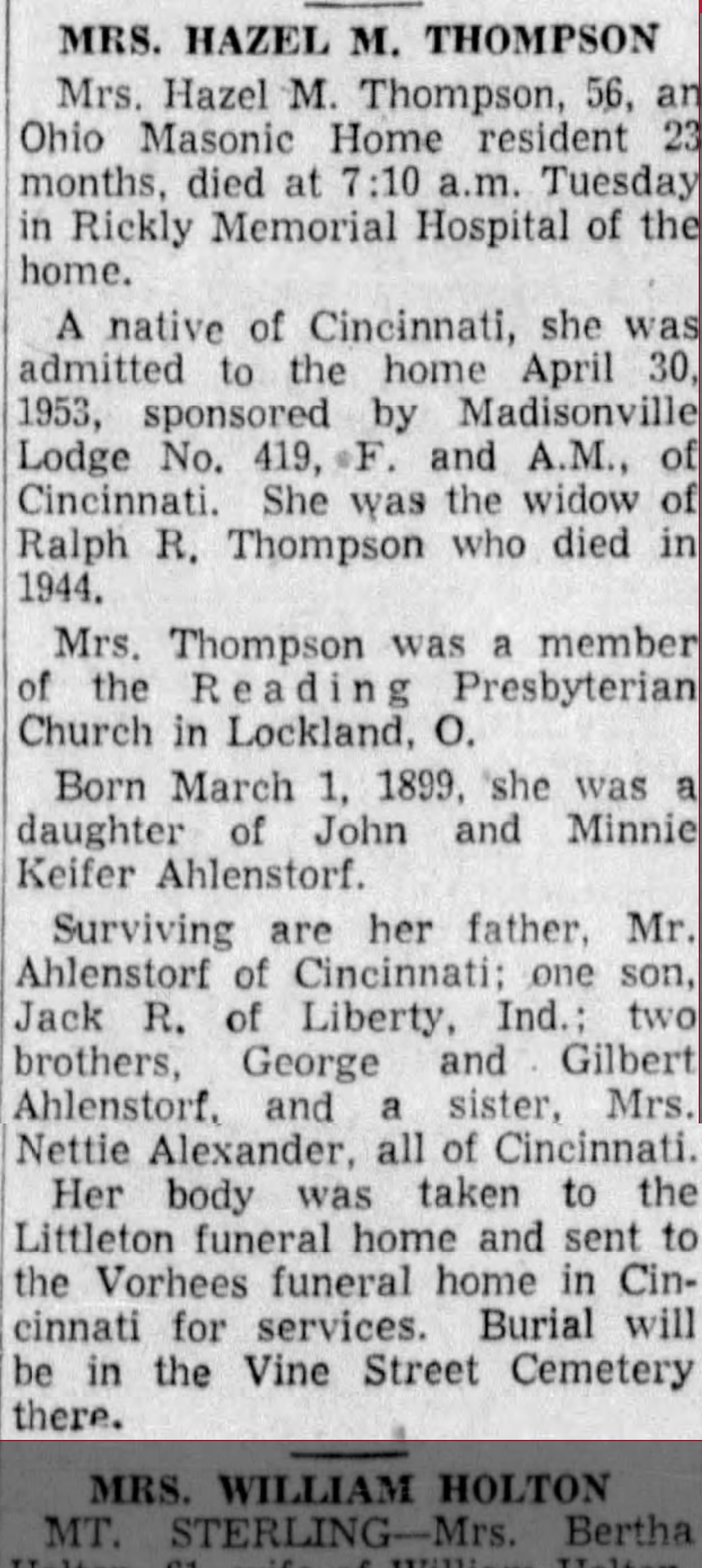 1.5 MB scanned newspaper clipping. SHA256 d7a26d2f…6a9797e6. Source for Hazel's death (7:10 a.m. Tuesday, March 29, 1955) and many gap-filling facts on her late life, parents, siblings, and burial.