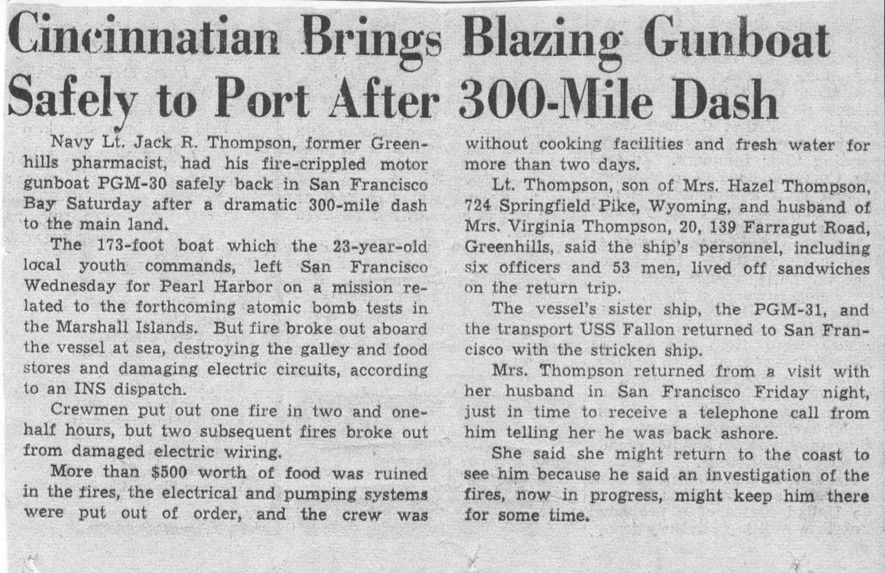 Cincinnatian Brings Blazing Gunboat Safely to Port After 300-Mile Dash