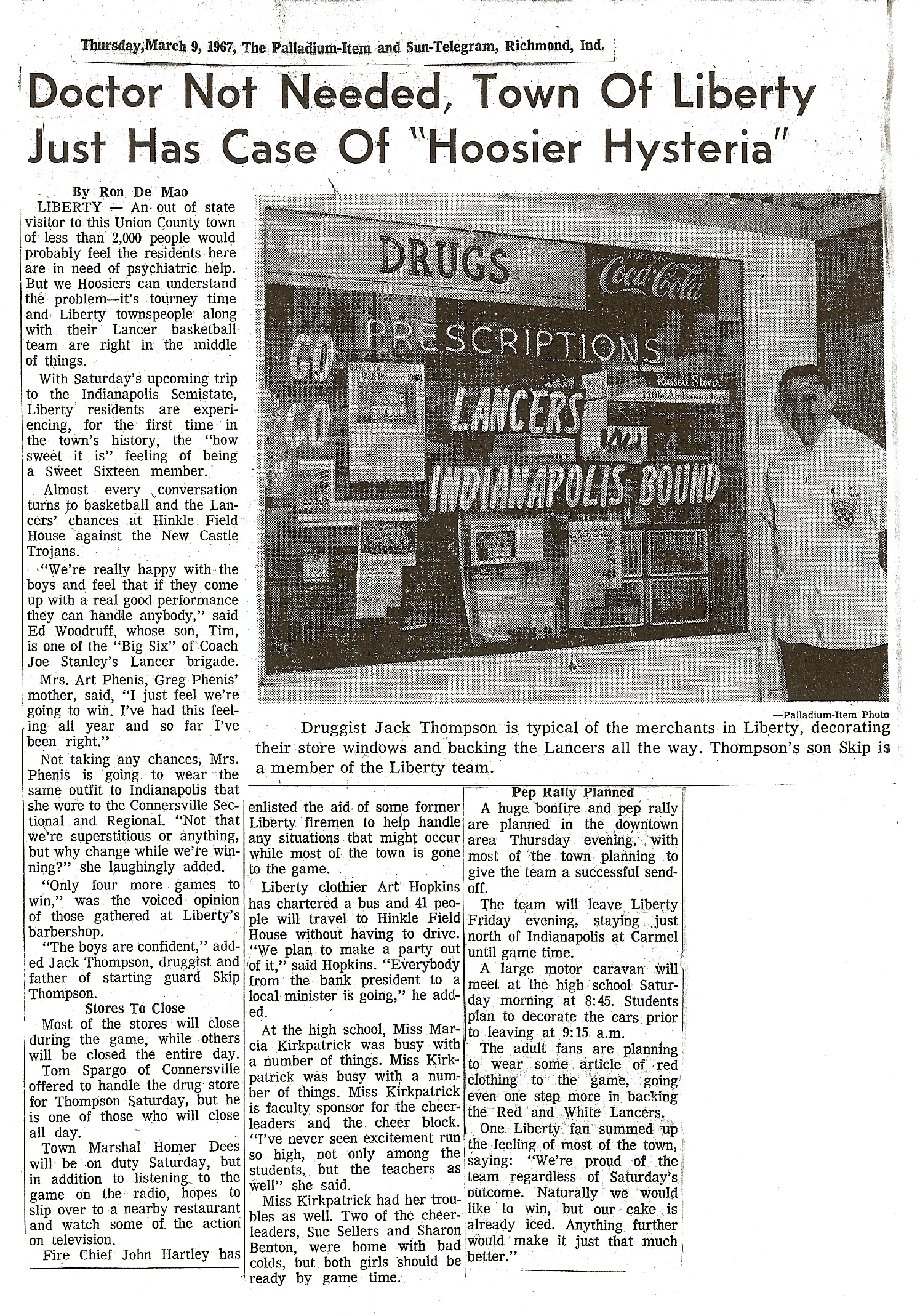 Scanned newspaper clipping, c. 1.7 MB JPEG. Shows Jack's pharmacy window decorated for the Lancers' state tournament run; photo caption names him as "Druggist Jack Thompson" with son "Skip" on the team. Confirms Liberty pharmacy timeline (still operating March 1967 — obituary records him leaving the pharmacy in fall 1967). Source file received in family archive Dec 2024.