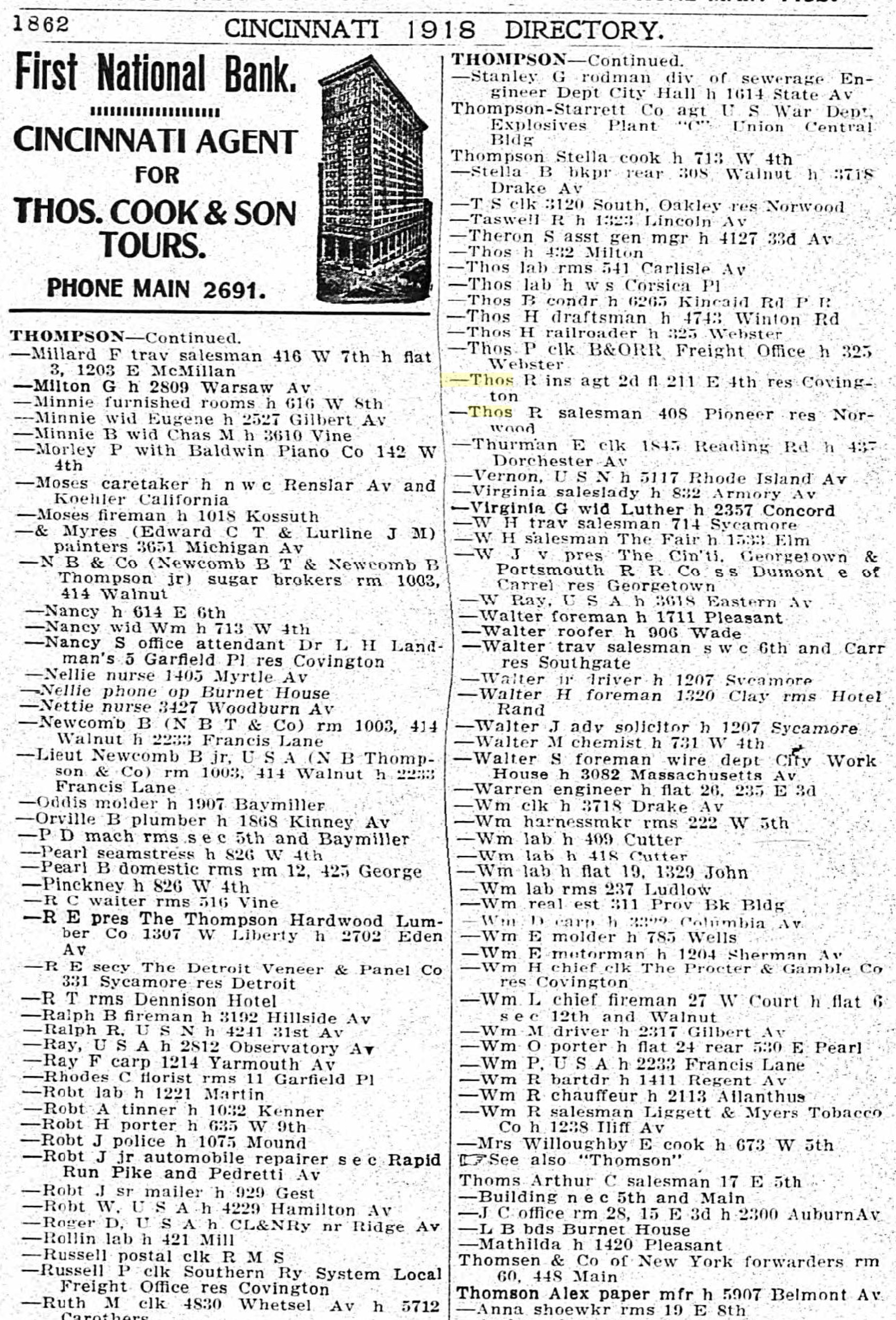 Williams' Cincinnati Directory, 1918 — Thompson, Ralph R listing (page 1862)