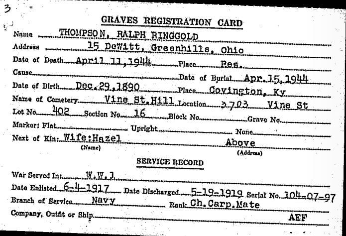 Graves Registration Card for Ralph Ringgold Thompson, Vine Street Hill Cemetery, Covington, KY