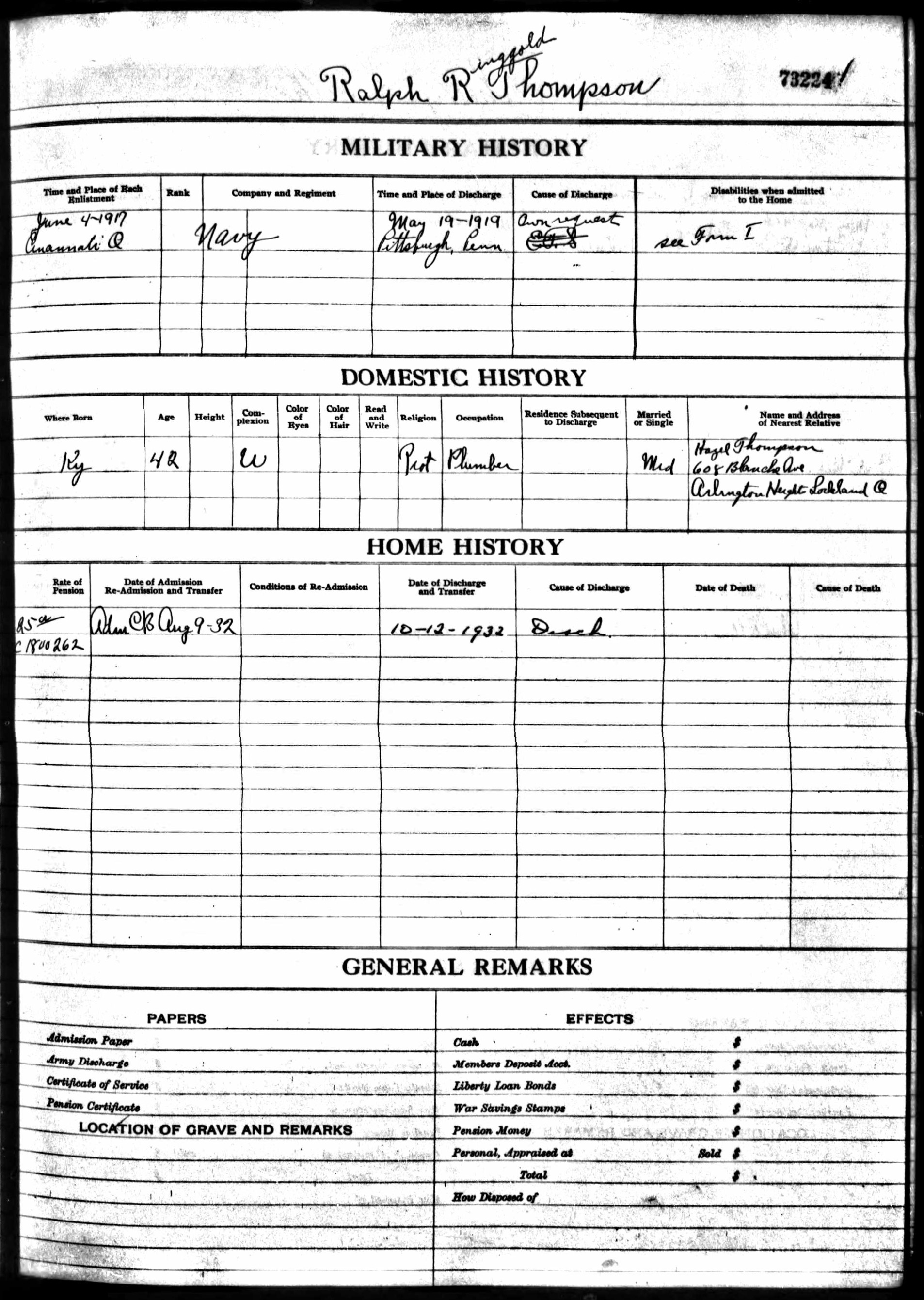 U.S. National Home for Disabled Volunteer Soldiers, Historical Registers, 1866–1938 — record for Ralph R. Thompson (#73224)