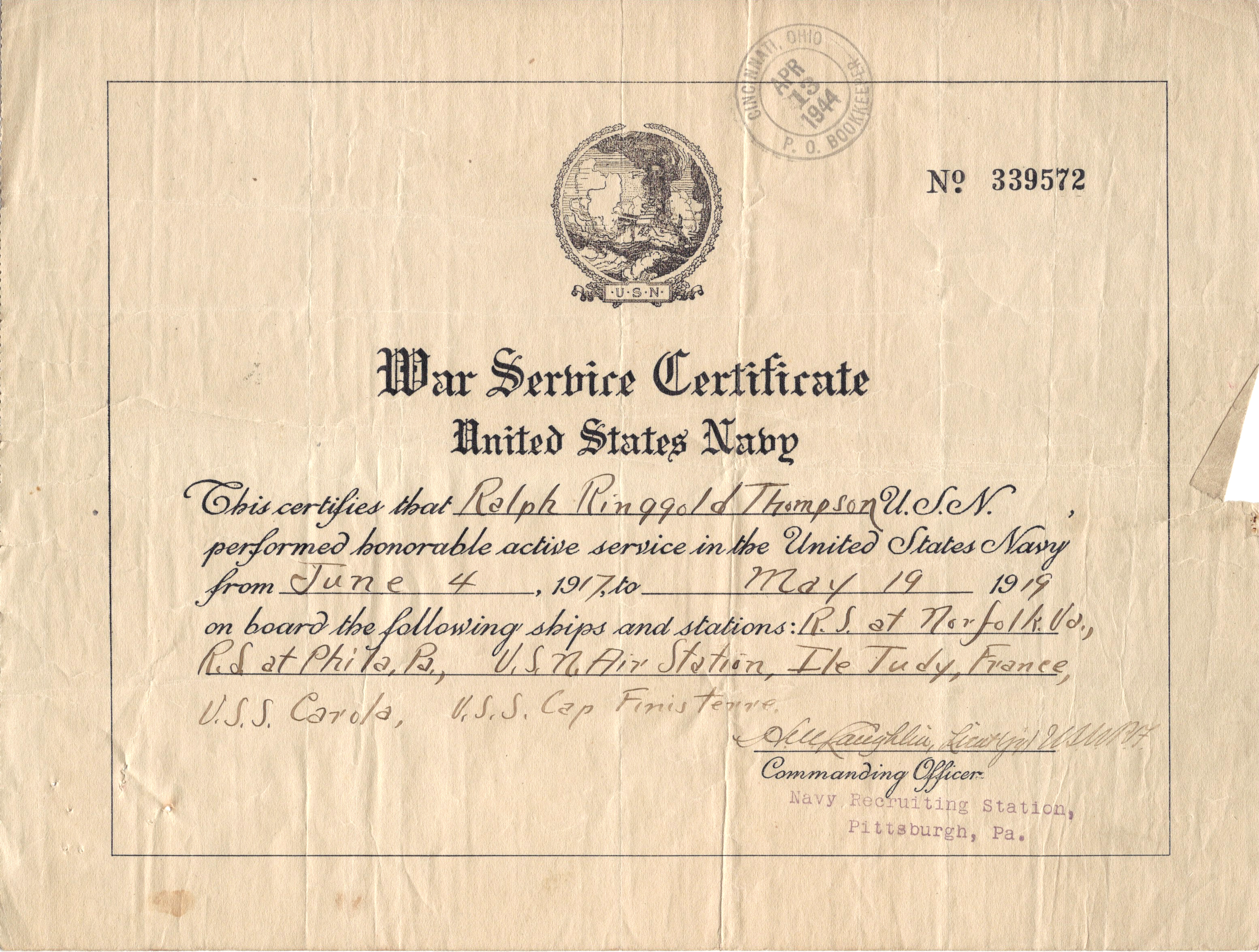 5.9 MB high-resolution scan of the original War Service Certificate No. 339572. SHA256 f099e578…