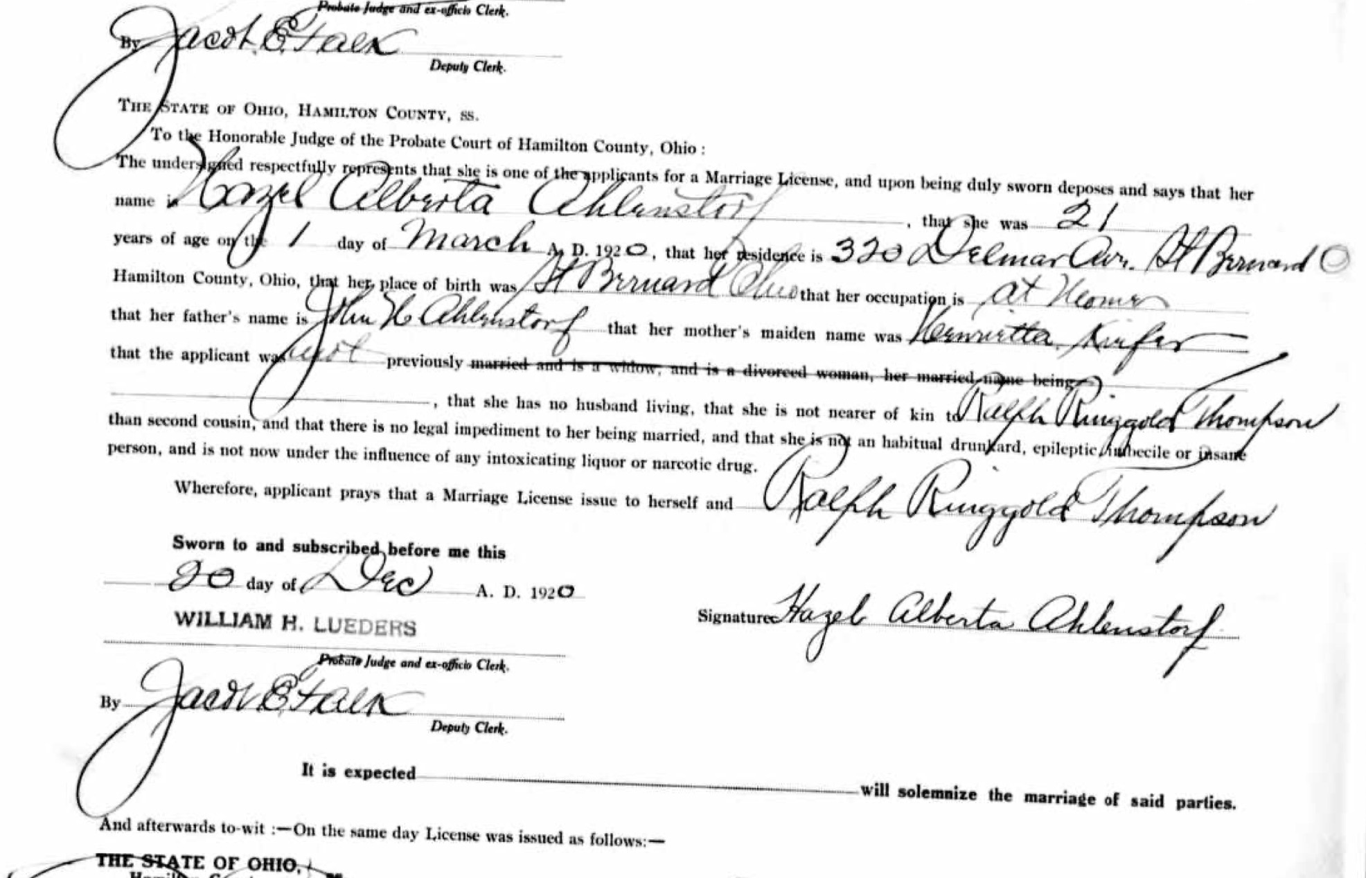399 KB close-up of the same marriage record — Hazel's side, where her mother is named **Henrietta Kiefer**. SHA256 228a03a8…
