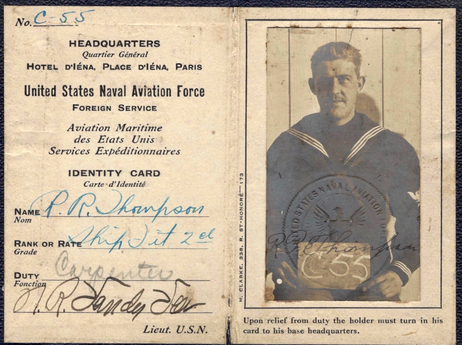 1.1 MB scan of the original folded WWI ID card. SHA256 260d58c9…1064a4e5. Both panels visible: text panel (printed letterhead with handwritten fields) on the left, and the photo panel (with embossed seal and ID number C-55) on the right.