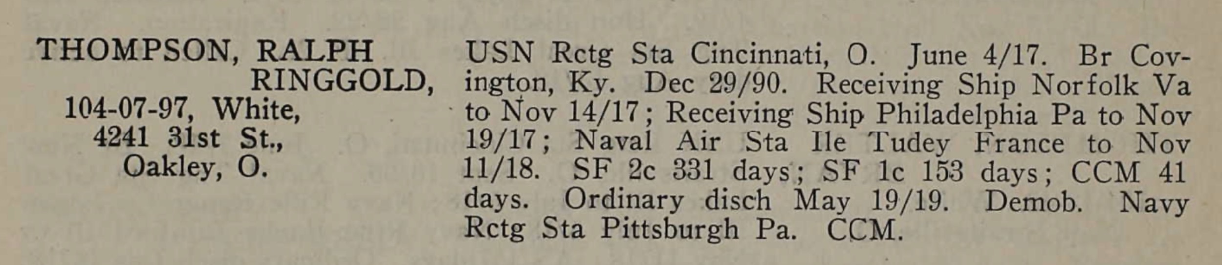 218 KB scan of a single column entry from a printed WWI veterans roster. SHA256 fa45c3c7…42880d3e. Provides complete chronological service-station + rating record.