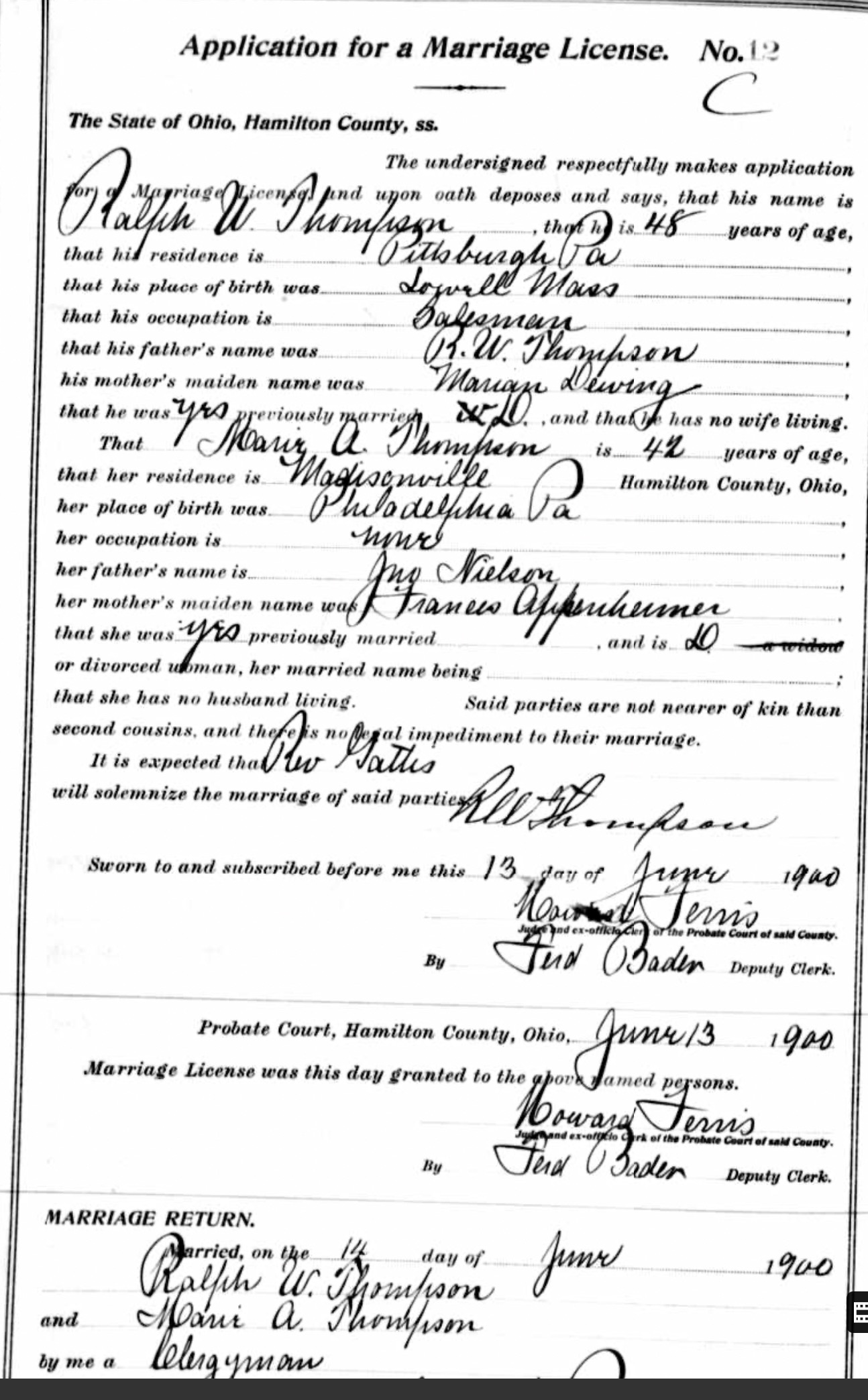 485 KB scan of the 1900 Hamilton County marriage record between Ralph W. Thompson Sr. and Mari A. Thompson (née Nielson). SHA256 fe0dd4df…